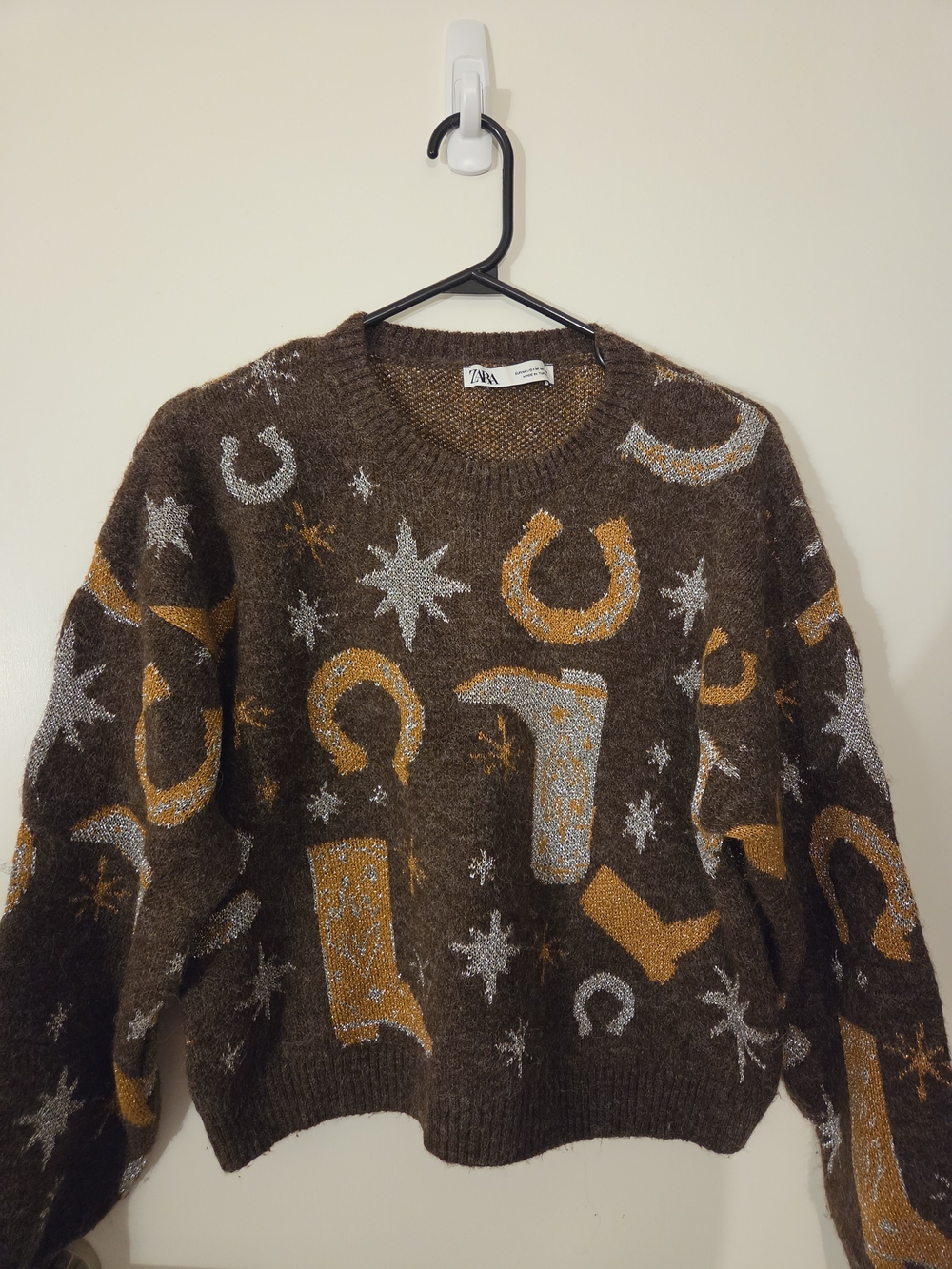 ZARA Brown Western Crewneck Sweater with Silver and Mustard Motifs